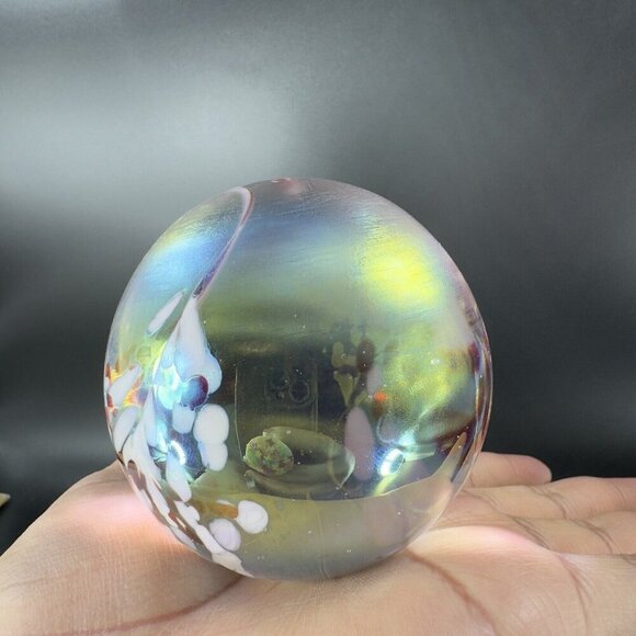 Hand Made Art Glass Paperweight Orb Polished Bottom Iridescent Glass Decor VTG - Picture 14 of 15
